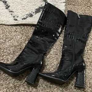 Princess Polly Black Patent Faux Leather Knee Boots